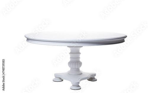 A white table is positioned in the center of a plain white background. The table is clean and minimalist, creating a stark, modern look.