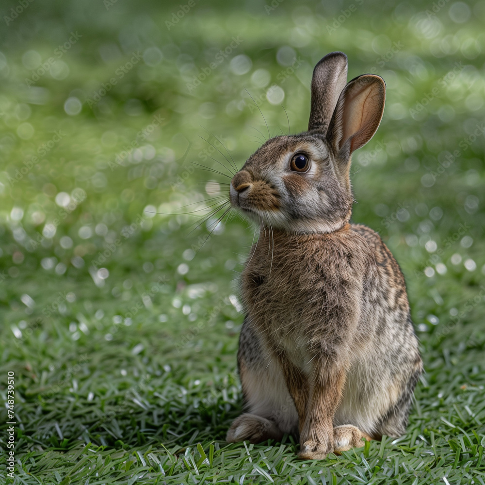 Fototapeta premium Rabbit playing in the grassy garden