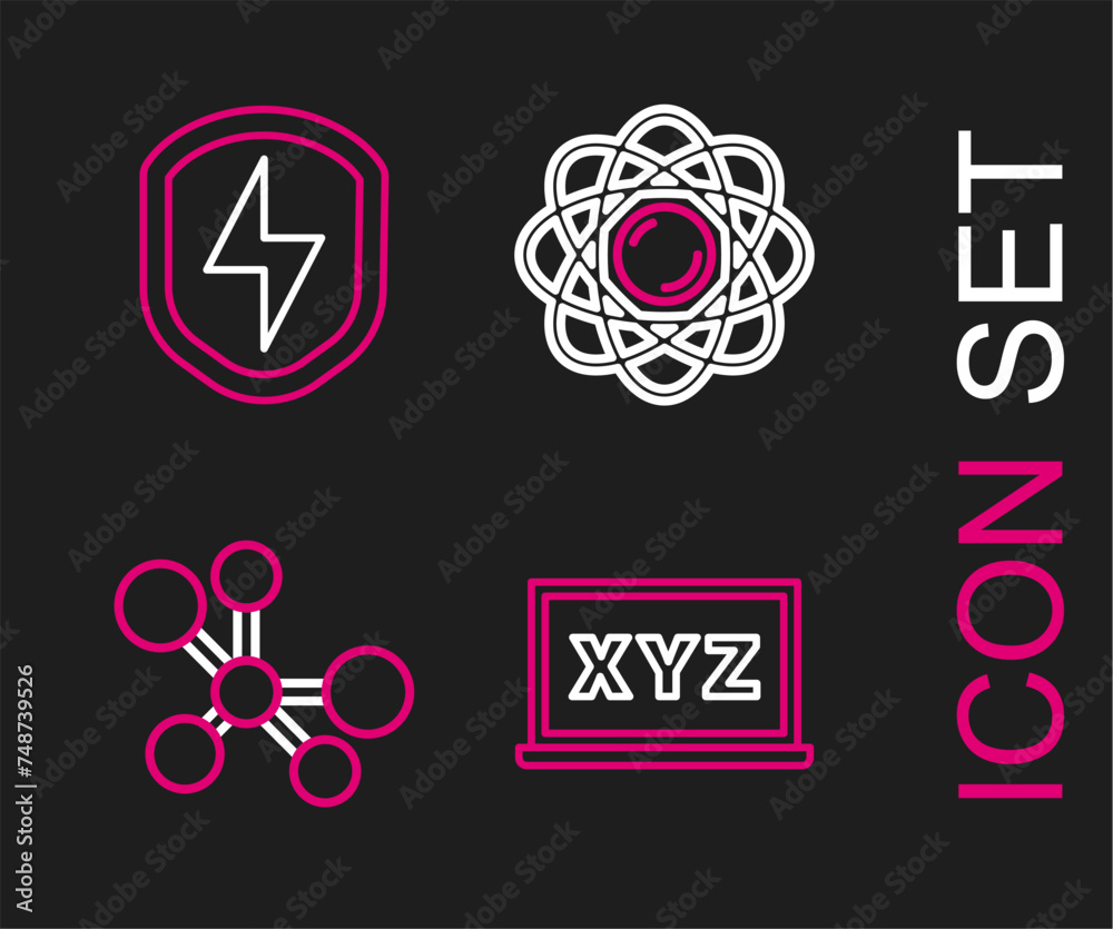 Set line XYZ Coordinate system, Molecule, Atom and Secure shield with lightning icon. Vector Set line XYZ Coordinate system, Molecule, Atom and Secure shield with lightning icon. Vector