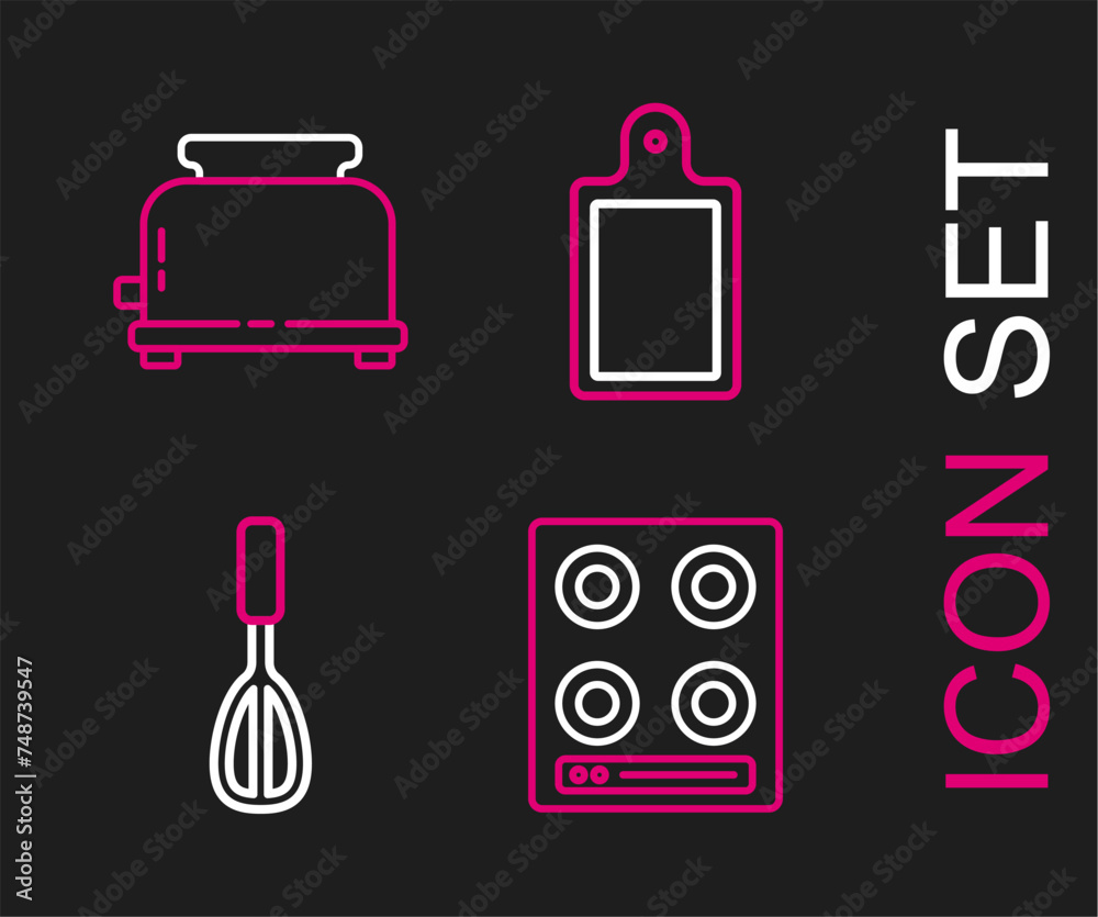 Set line Gas stove, Kitchen whisk, Cutting board and Toaster icon. Vector Set line Gas stove, Kitchen whisk, Cutting board and Toaster icon. Vector