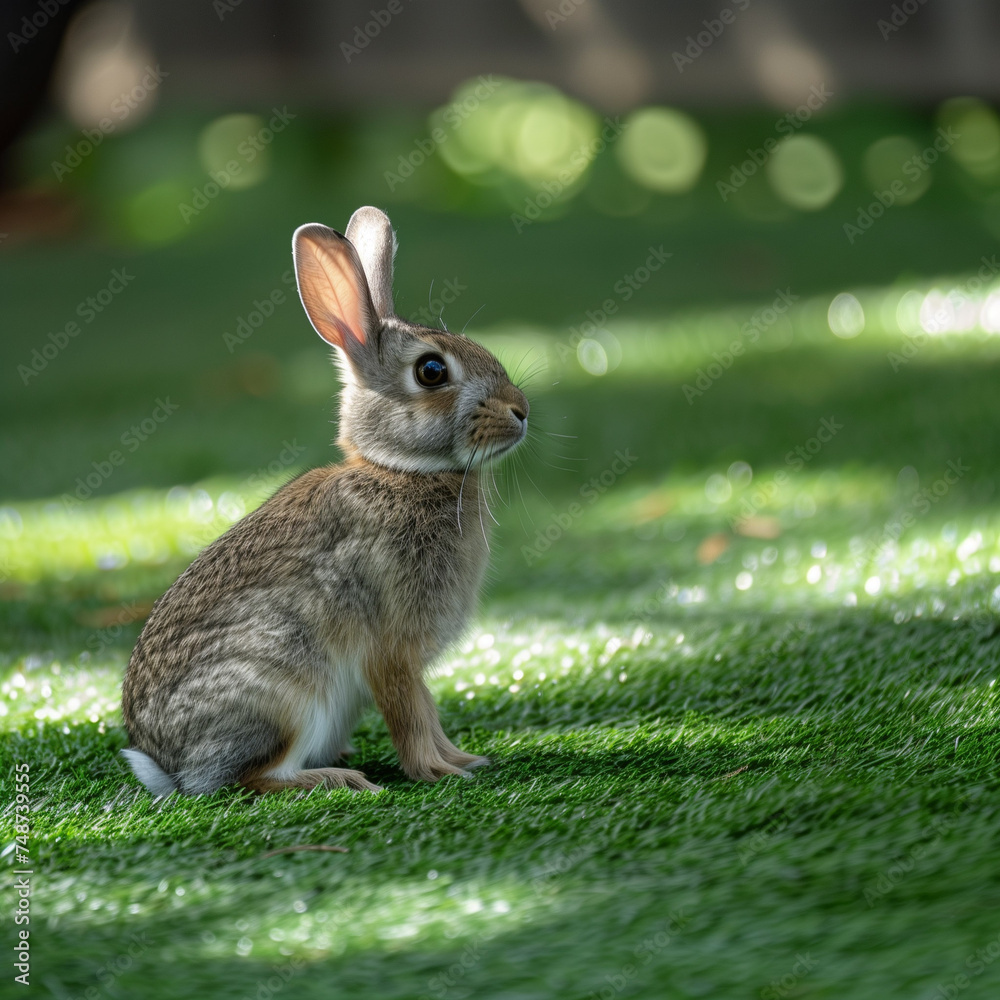 Fototapeta premium Rabbit playing in the grassy garden