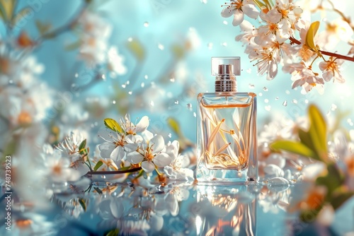 Elegant perfume bottle with white flowers