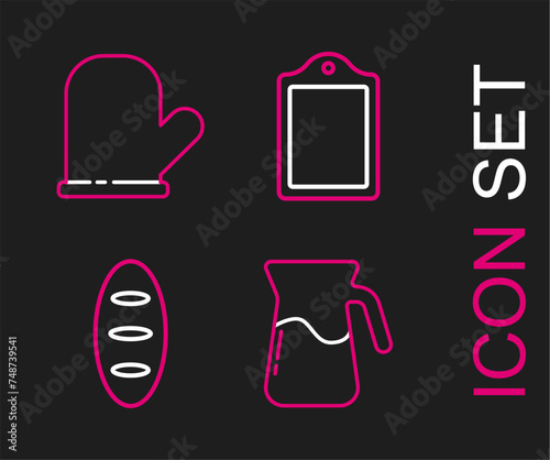 Set line Jug glass with water, Bread loaf, Cutting board and Oven glove icon. Vector