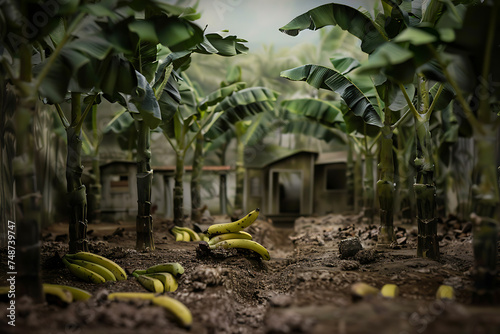 Hardworking farmers gather bananas in lush plantation fields, showcasing agricultural labor in tropical settings.