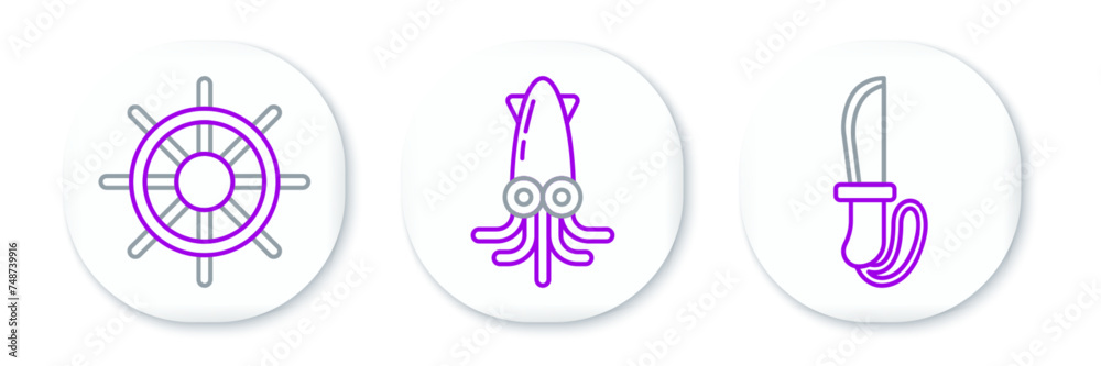 Set line Knife, Ship steering wheel and Octopus icon. Vector Set line Knife, Ship steering wheel and Octopus icon. Vector