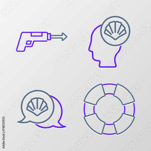 Set line Lifebuoy, Scallop sea shell, and Fishing harpoon icon. Vector