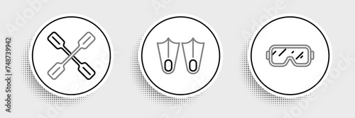 Set line Diving mask, Paddle and Rubber flippers icon. Vector