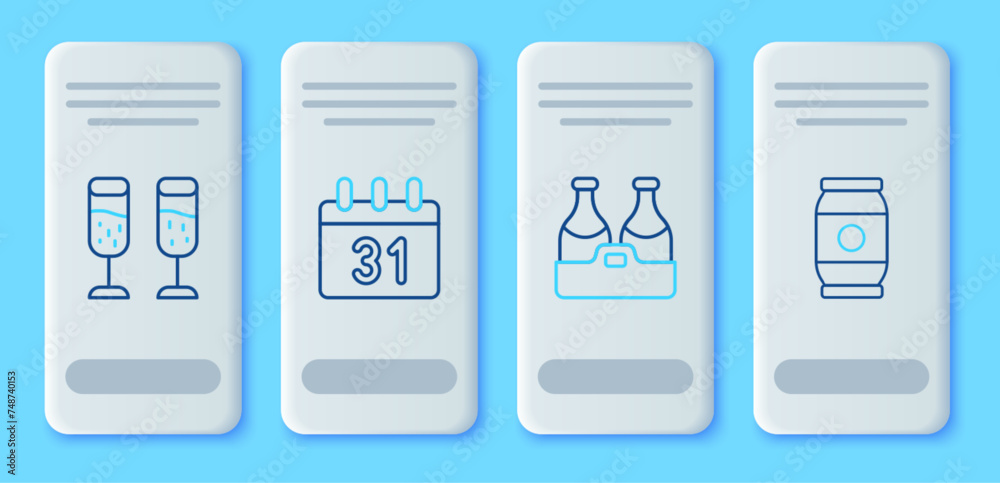 Set line Calendar, Champagne bottle, Glass of champagne and Beer can icon. Vector