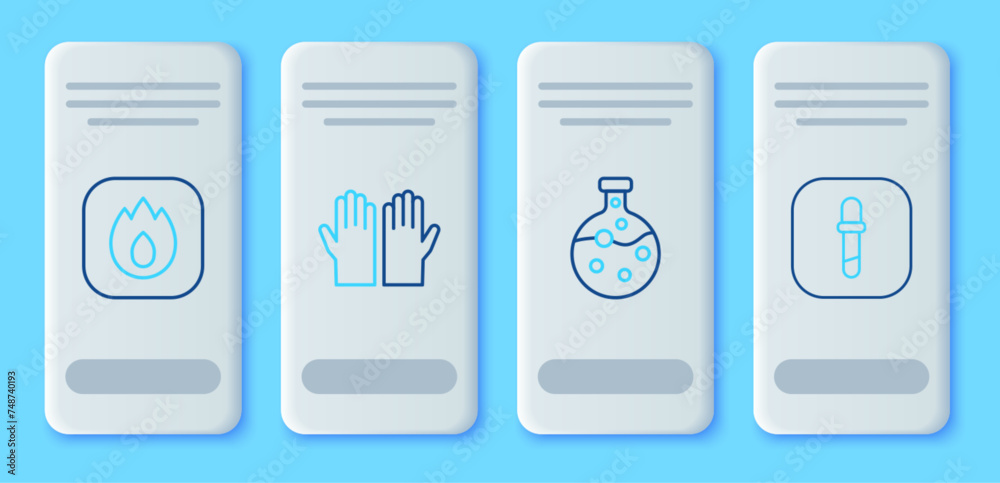 Set line Medical rubber gloves, Test tube and flask, Fire flame and Pipette icon. Vector