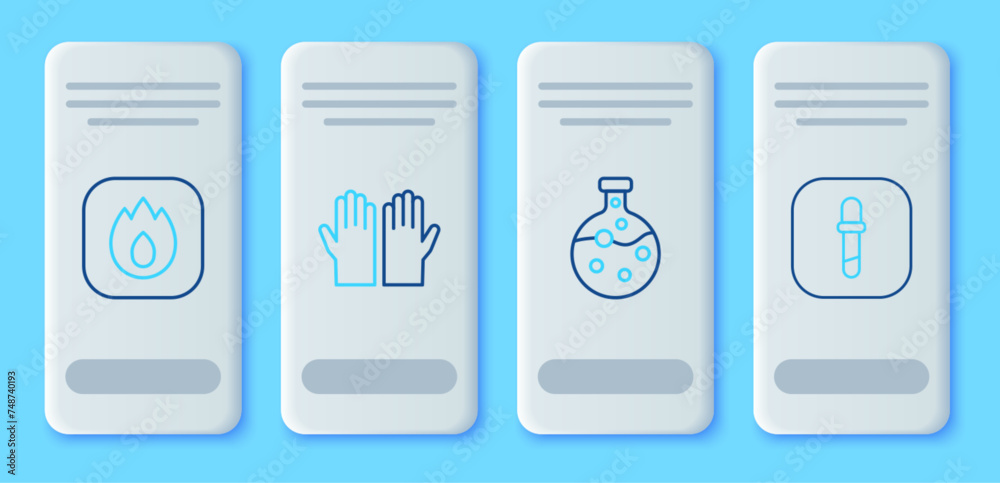 Set line Medical rubber gloves, Test tube and flask, Fire flame and Pipette icon. Vector Set line Medical rubber gloves, Test tube and flask, Fire flame and Pipette icon. Vector