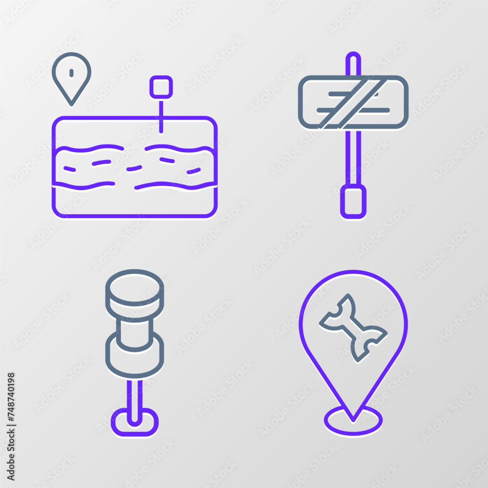 Set line Car service, Push pin, Road traffic sign and Broken road icon. Vector
