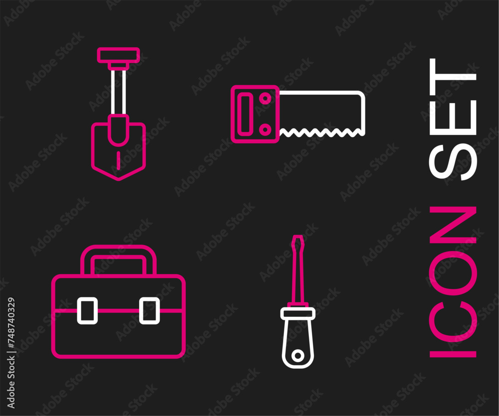 Set line Screwdriver, Toolbox, Hand saw and Shovel icon. Vector Set line Screwdriver, Toolbox, Hand saw and Shovel icon. Vector