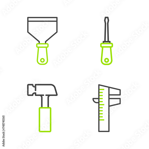 Set line Calliper or caliper and scale, Hammer, Screwdriver and Putty knife icon. Vector