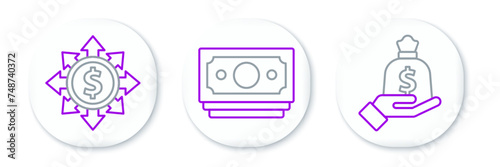 Set line Hand holding money bag, Dollar, share, network and Stacks paper cash icon. Vector