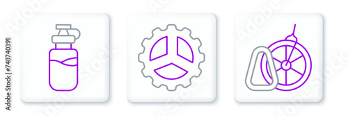 Set line Bicycle parking, Sport bottle with water and sprocket crank icon. Vector