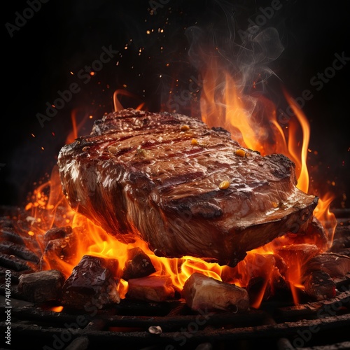 Grilled juicy steak cooking in fire.