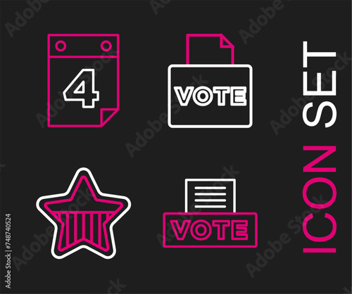 Set line Vote box, USA Independence day, and Calendar with date July 4 icon. Vector