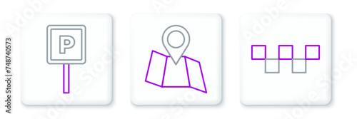Set line Taxi car roof, Parking and Folded map with location icon. Vector