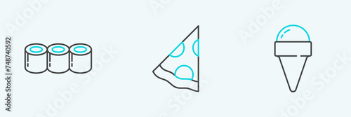 Set line Ice cream in waffle cone, Sushi and Slice of pizza icon. Vector