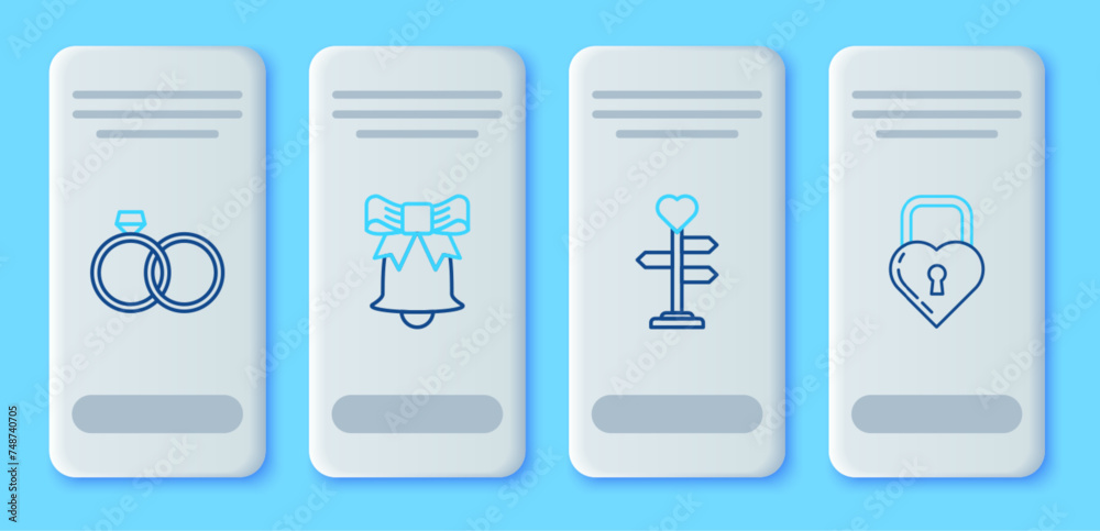 Set line Ringing bell, Signpost with heart, Wedding rings and Castle the shape of icon. Vector
