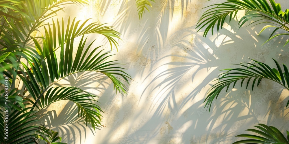 Fototapeta Palm shadows on a textured wall creating a tropical ambiance
