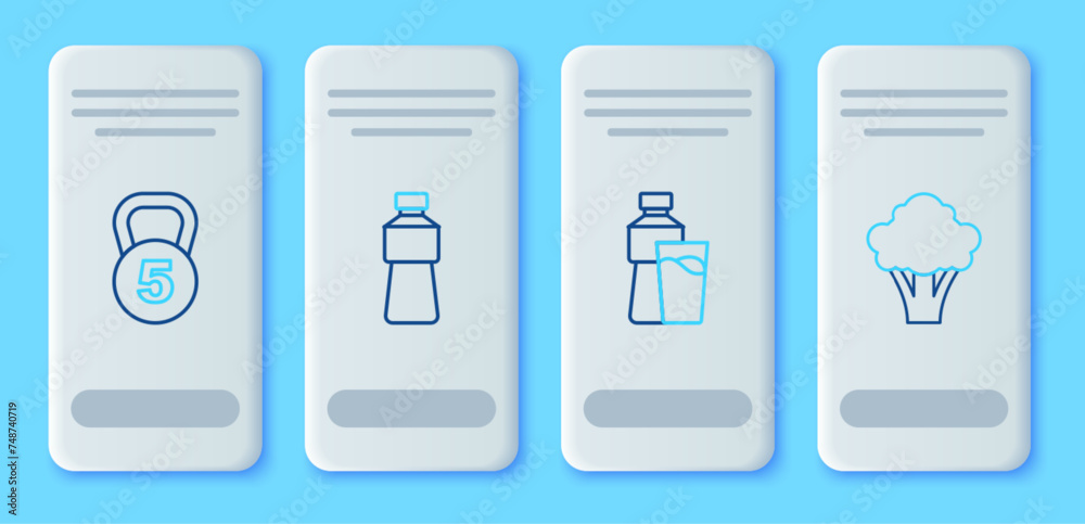 Set line Bottle of water, with glass, Weight and Broccoli icon. Vector