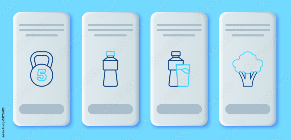 Set line Bottle of water, with glass, Weight and Broccoli icon. Vector Set line Bottle of water, with glass, Weight and Broccoli icon. Vector