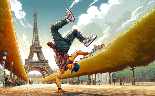 guy performing acrobatic breakdancing in front of the Eiffel Tower equates street culture with the majestic beauty of Paris, taking him to the next level photo