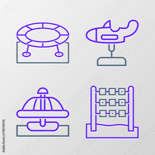 Set line Tic tac toe game, Attraction carousel, Swing plane and Jumping trampoline icon. Vector