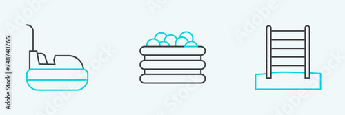 Set line Swedish wall, Bumper car and Pool with balls icon. Vector