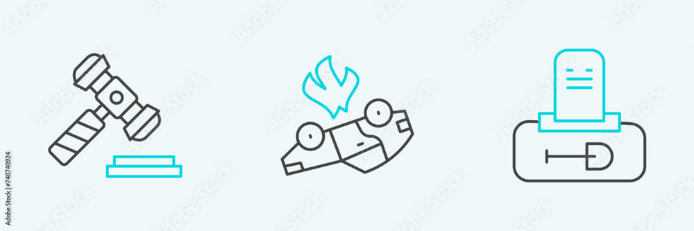 Set line Grave with tombstone, Judge gavel and Burning car icon. Vector