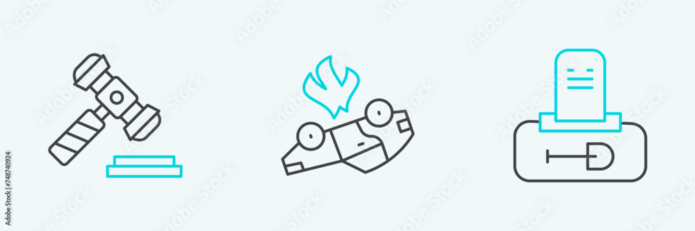 Set line Grave with tombstone, Judge gavel and Burning car icon. Vector Set line Grave with tombstone, Judge gavel and Burning car icon. Vector