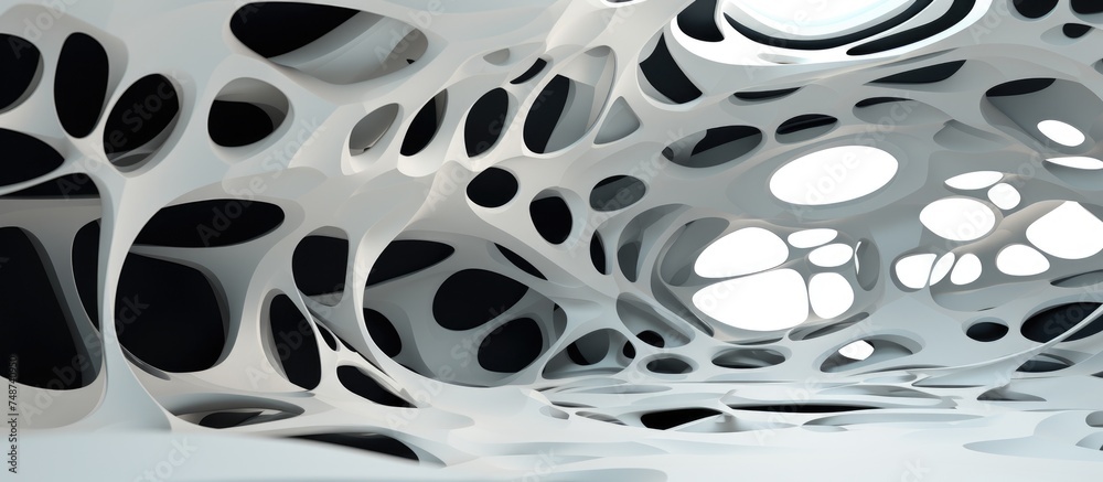 A black and white image showing a ceiling with various holes scattered throughout. The parametric design adds a unique touch to the interior, creating an intriguing visual effect. A black and white image showing a ceiling with various holes scattered throughout. The parametric design adds a unique touch to the interior, creating an intriguing visual effect.