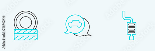 Set line Car muffler, tire wheel and service icon. Vector