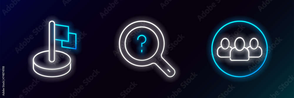 Set line Project team base, Flag and Unknown search icon. Glowing neon. Vector Set line Project team base, Flag and Unknown search icon. Glowing neon. Vector