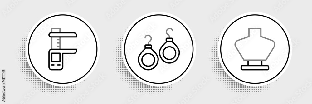 Set line Necklace on mannequin, Calliper or caliper and scale and Earrings icon. Vector Set line Necklace on mannequin, Calliper or caliper and scale and Earrings icon. Vector