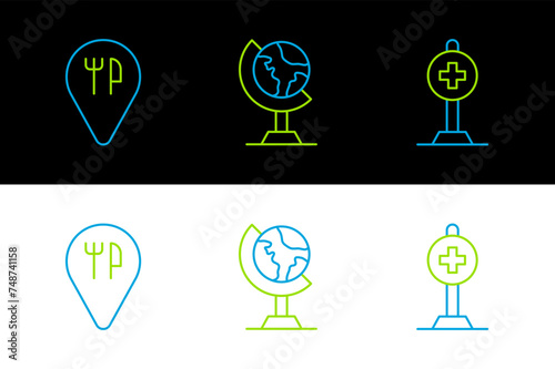 Set line Location with cross hospital, Cafe and restaurant location and Earth globe icon. Vector