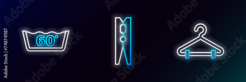 Set line Hanger wardrobe, Temperature wash and Clothes pin icon. Glowing neon. Vector