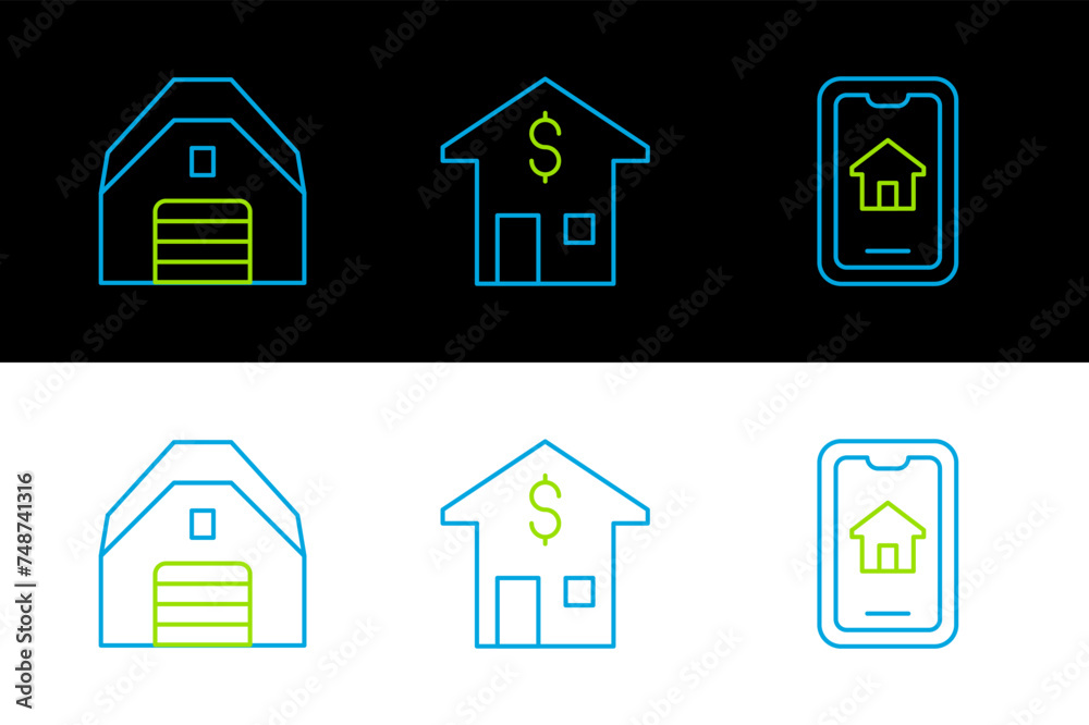 Set line Online real estate, Garage and House with dollar icon. Vector Set line Online real estate, Garage and House with dollar icon. Vector
