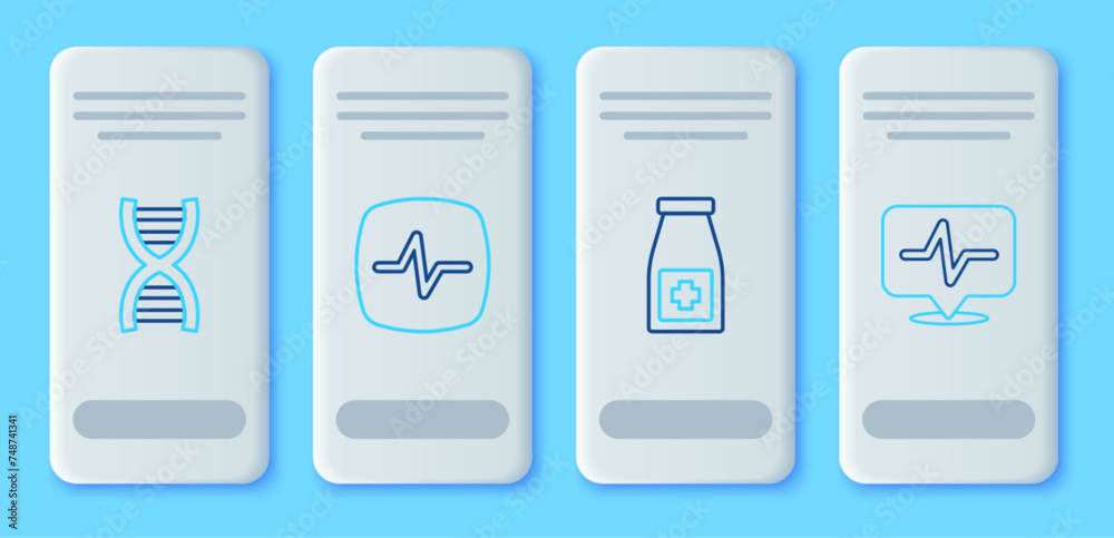 Set line Heart rate, Medicine bottle and pills, DNA symbol and icon. Vector