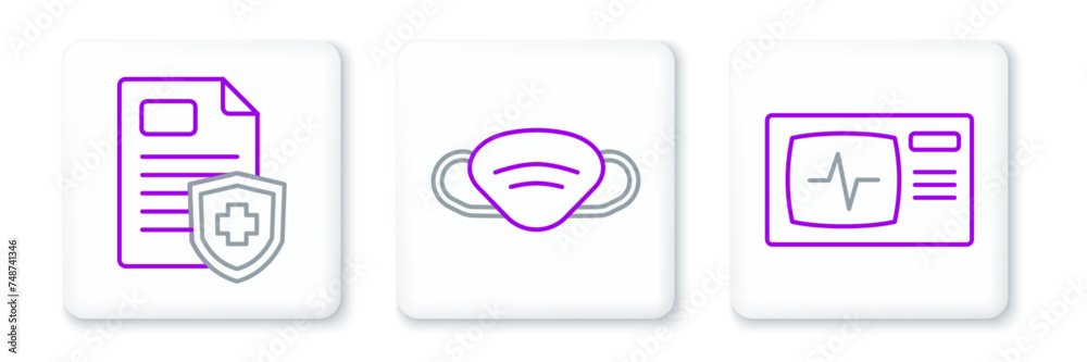 Set line Monitor with cardiogram, Patient record and Medical protective mask icon. Vector Set line Monitor with cardiogram, Patient record and Medical protective mask icon. Vector