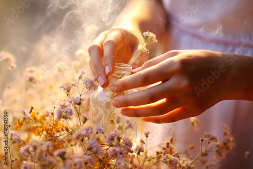 Hand Holding Flowers with Smoke in Sunset Light.