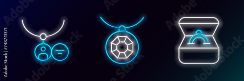 Set line Diamond engagement ring in box, Locket necklace and Pendant icon. Glowing neon. Vector