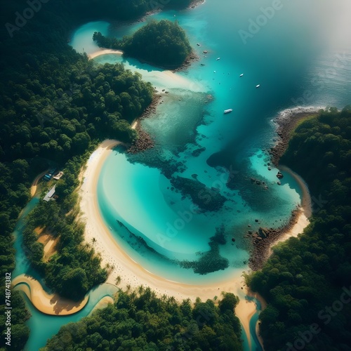 Panoramic overhead view from a drone of the coastline with palm trees and azure sea