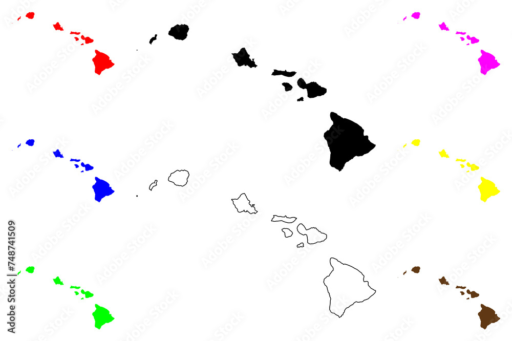 Obraz premium State of Hawaii (United States of America, USA or U.S.A.) silhouette and outline map, Moku‘aina o Hawai‘i