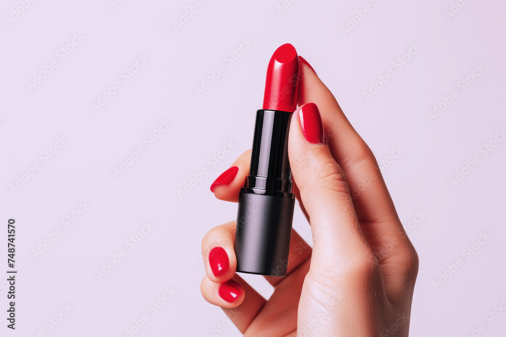 Hand holding red lipstick isolated on white background, beauty Hand holding red lipstick isolated on white background, beauty