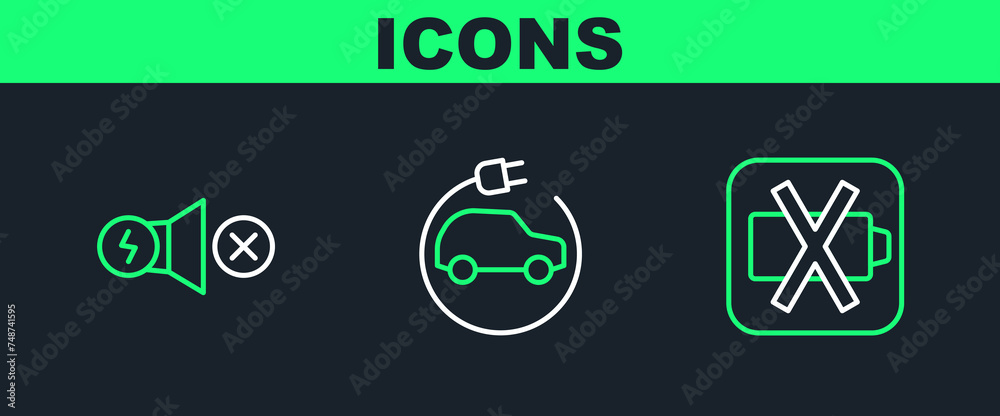 Set line Low battery, Electric motor and car icon. Vector Set line Low battery, Electric motor and car icon. Vector