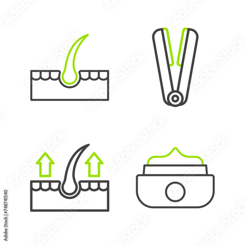 Set line Gel or wax for hair styling, Human follicle, Curling iron and icon. Vector