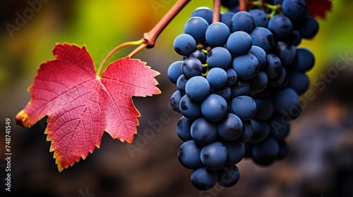 Detailed close up of a cluster of ripe grapes hanging from a branch in a beautiful vineyard setting