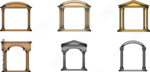 Set of Vintage architecture arch greek with columns ancient pillars, Mediterranean architecture, Gate collection Vector illustration isolated on transparent background